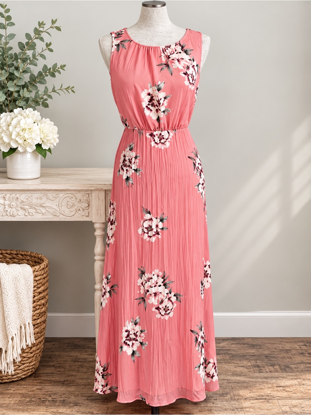 Christopher & Banks Coral Pink Floral Pleated Maxi Dress Sleeveless Size 8